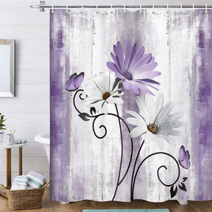 Rustic Farmhouse Shower Curtain, Farm Purple Daisy Floral Flowers and Butterfly Curtains with 12PCS Hooks, 70X70IN