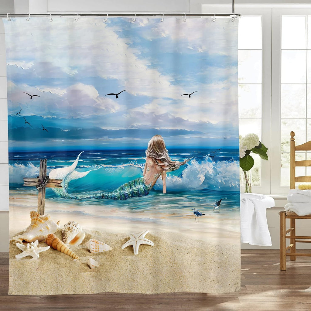 Mermaid Shower Curtain Sea Ocean Shower Curtain with 12 Hooks