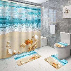 Shower Curtains with Bath Rugs Non-Slip Soft Toilet Lid Cover for Bathroom, Four-Piece Beach Theme, Multi 26