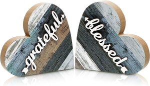 2 Pcs Rustic Wood Home Sign Farmhouse Love Wooden Heart Shaped Table Centerpiece, Grateful Style