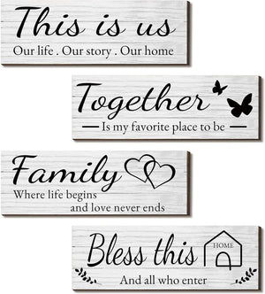 4 Pieces Wooden Home Wall Art Decor, Rustic, Farmhouse THIS IS US/TOGETHER/BLESS THIS HOME/FAMILY Decor Signs