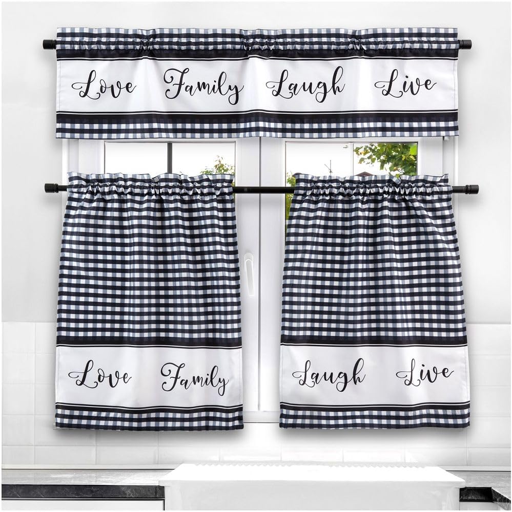 3 Piece Kitchen Curtains and Valances Set for Windows, Love Family, Laugh, Live (Black and White)