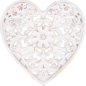 12" Heart-shaped Decorative Carved Floral-Patterned Distressed White Decor