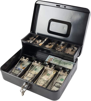 Locking Cash Box with Lock,Money Box with Cash Tray, ,Black XL Large