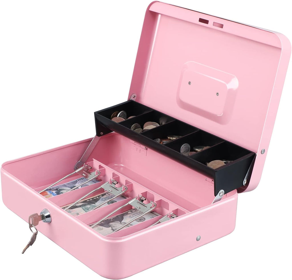 Cash Box with Money Tray and Key Lock,Tiered, Cantilever Design, Pink