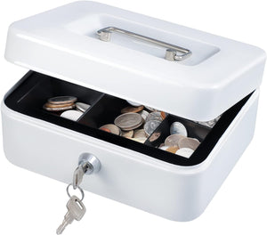 Medium Cash Box with Money Tray,Small Safe Lock Box with Key, White