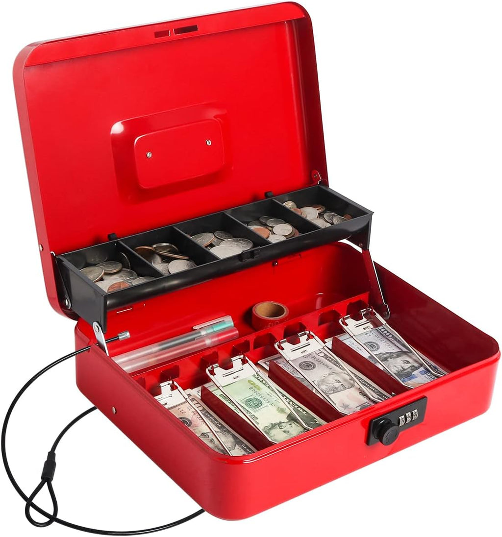 Cash Box with Combination Lock, Money Safe for Cash, 11.8 x 9.5 x 3.54 Inches, Red