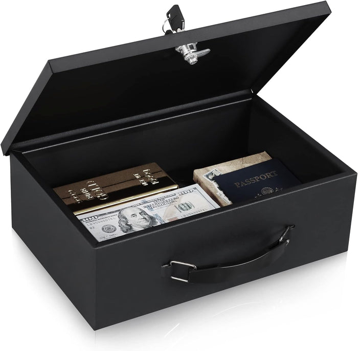 Fireproof Document Box with Key Lock,Safe Storage Box for Valuables, 12.8'' x 8.4'' x 4.5'' Black