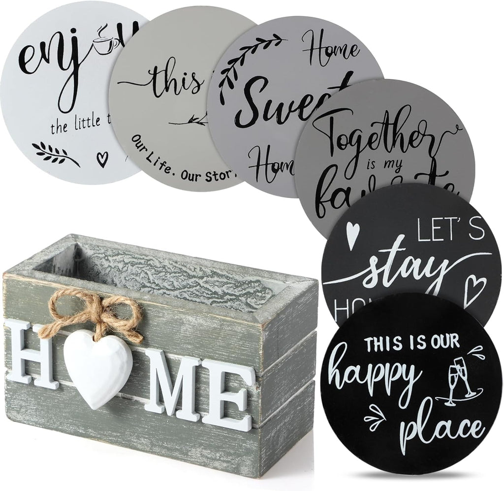 Wooden Heart Coasters for Drinks Set of 6 Farmhouse Kitchen Decor Gifts, Gray