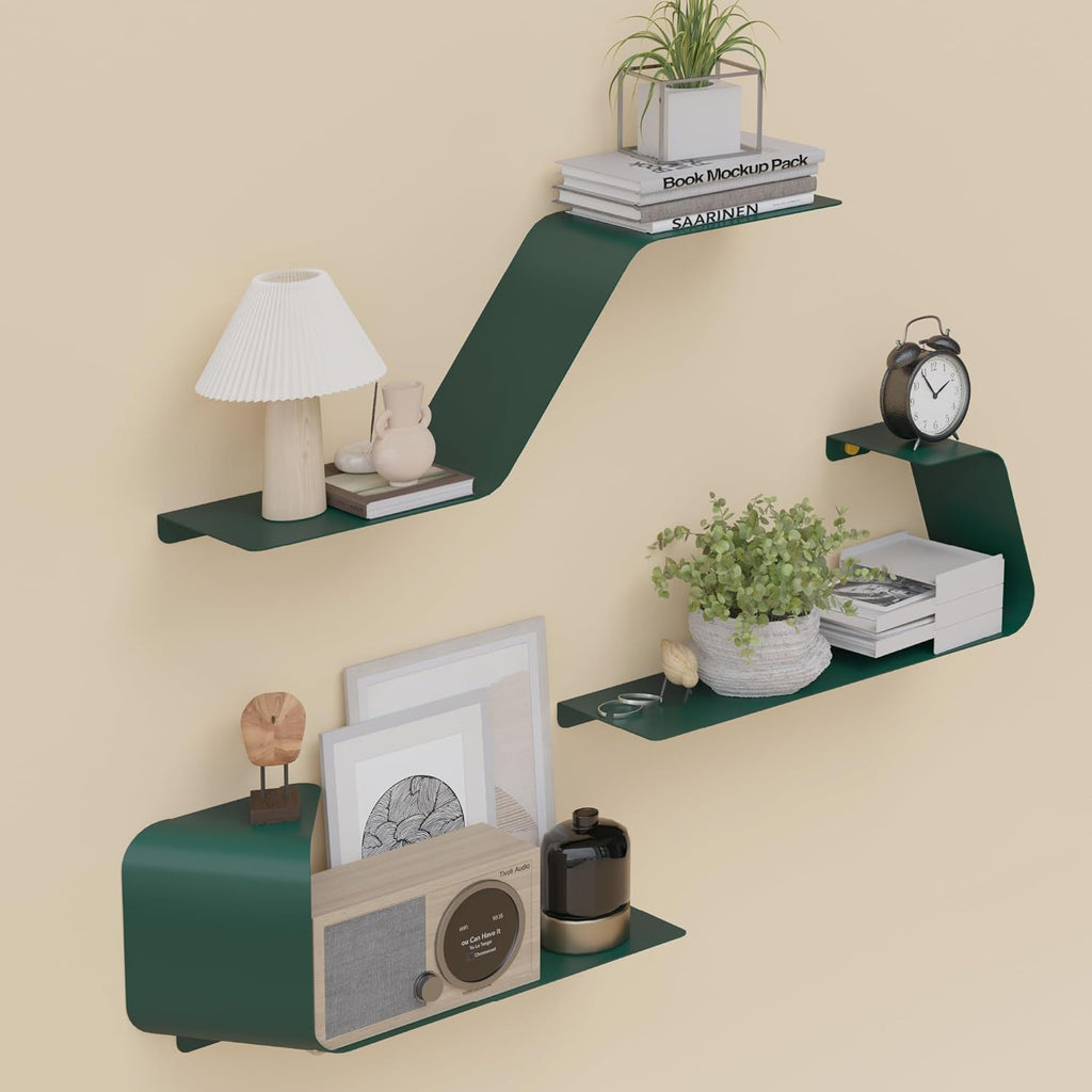 Set of 3 Wall Mounted Metal Shelves with Unique Design for Wall Storage, Green