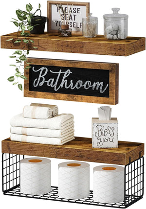 Bathroom Shelves Over Toilet, Small Floating Wall Shelf 2+1 Set 16 inch, Rustic Brown