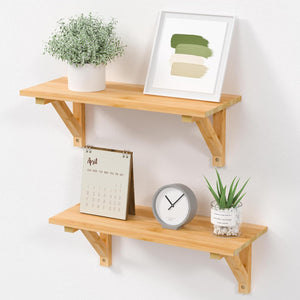 Set of 2 Hanging Wall Shelf, Rustic Wood Shelves for Bedroom (Bamboo)