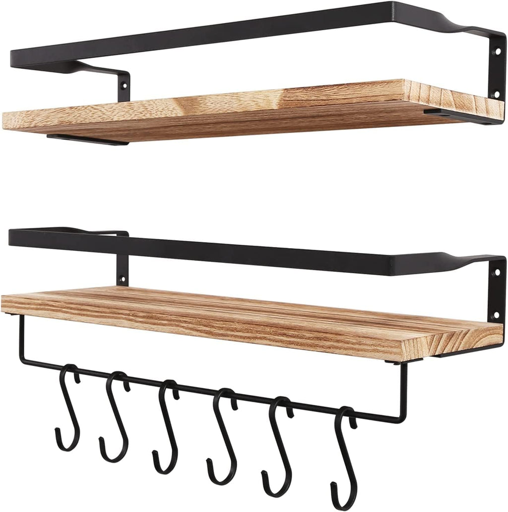 Floating Shelves, Wall Shelf Outdoor, 42x15x8 cm, Shelving Unit for Wall, Towel Holder 6 Hooks (Light Brown)