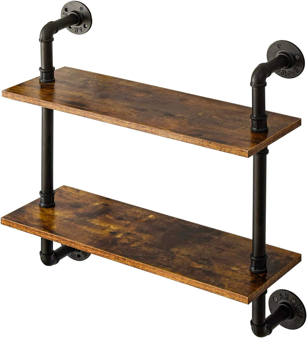 Industrial Pipe Shelf Bracket, 2 Tiers Retro Wall Mounted Floating Shelf, Wood DIY Bookshelf