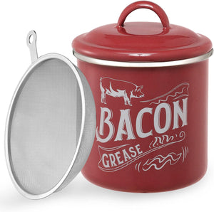 1.3L Bacon Grease Saver Container with Fine Strainer, Red Enamel & Stainless Steel Oil Keeper