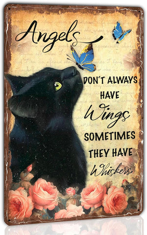 Black Cat Metal Tin Sign Vintage Poster Memorial Wall Decor Angels Don't Always Have Wings, 12x8 Inches