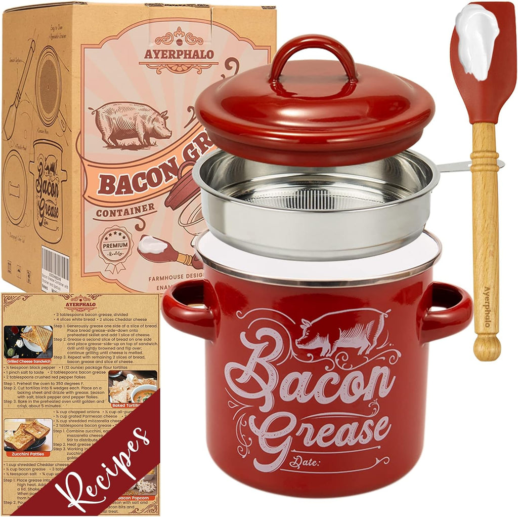 46OZ Large Capacity, With Silicone Wooden Spatula, Enamel Bacon Grease Keeper, Red