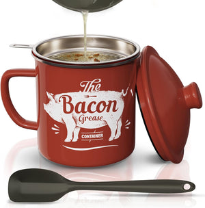 46OZ Large Enamel Grease Container, With Silicone Spatula, Farmhouse Bacon Grease Keeper, Red