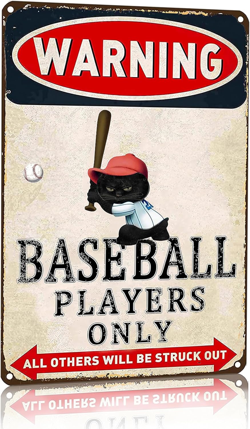 Funny Gifts Black Cat Poster Warning Baseball Players Only Tin Sign Wall Decor 8 X 12 Inch