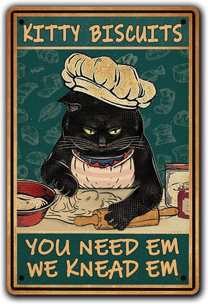 Vintage Black Cat Wall Decor Funny Kitchen Retro Metal Sign Cats,Kitty Biscuits You Need We Knead Sign