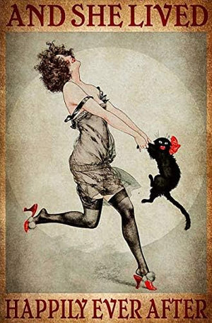 Metal Tin Retro Sign-And She Lived Happily Ever After Metal Poster Black Cat Print Dance with Cat, 8x12 Inch