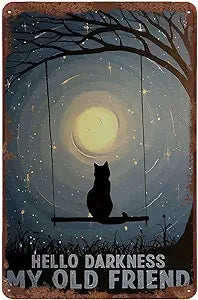 Black Cat Hello Darkness My Old Friend Iron Painting Wall Decor, 8x12 Inch