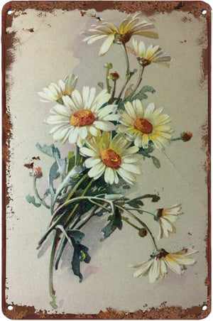 Vintage Tin Sign Flowers White Daisy with Dew Drop Metal Sign Retro Wall Decor, 12 X 8 INCH