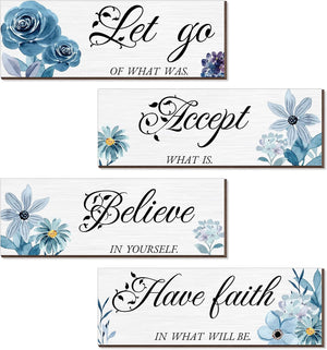 4 Pieces Blue Flower Wall Decor For Bedroom, Accept-Let go-Have faith-Believe Wooden Inspirational Wall Art