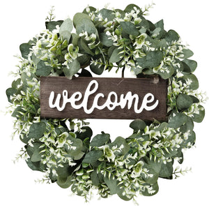 16in Artificial Eucalyptus Wreath with Welcome Sign Green Eucalyptus Leaf Decor