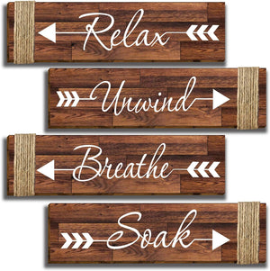 4 Pcs Wooden Bathroom Wall Decor Sign, Relax Soak Unwind Breathe Wood Sign