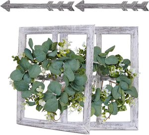 Rustic Wood Window Frame with Green Wreath and Arrows Wall Decor, Set of 2 (White)