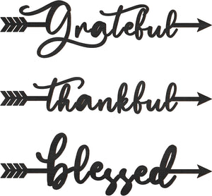 3 Pcs Thankful Grateful Blessed Cutout Sculptures Arrow Signs Rustic Wall Art (Black)