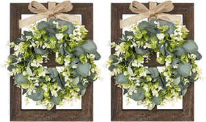 Farmhouse Wall Decor Window Frames with Eucalyptus Wreath, 2 Pack, 16 X 11 Inch, Brown