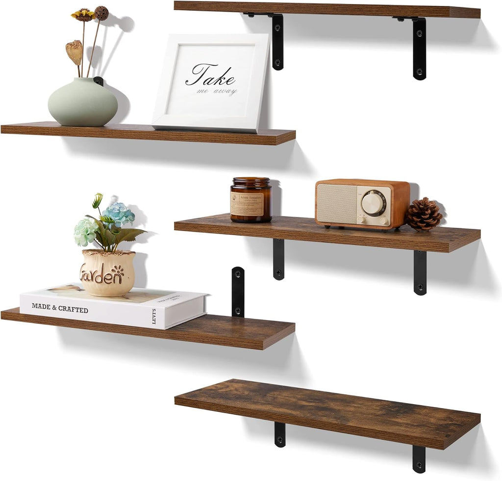 Dark Brown Wall Mounted Shelves Set of 5, Sturdy Small Wood Shelves