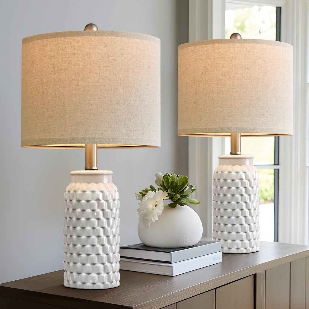 20.5 inches Modern Ceramic White Bedside Lamp Set of 2, Farmhouse Table Lamp, White