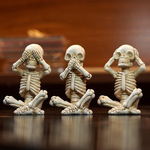 Set of 3 Wise Skeletons Statue, No Evil Skull Figurine, 3.3"