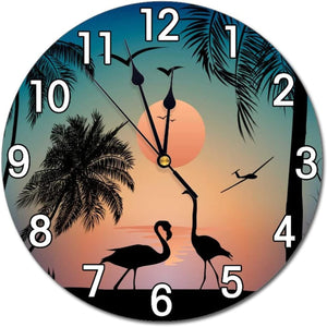 Flamingos Walking On The Sea Beach Wall Clock Battery Operated, 9.8 Inch