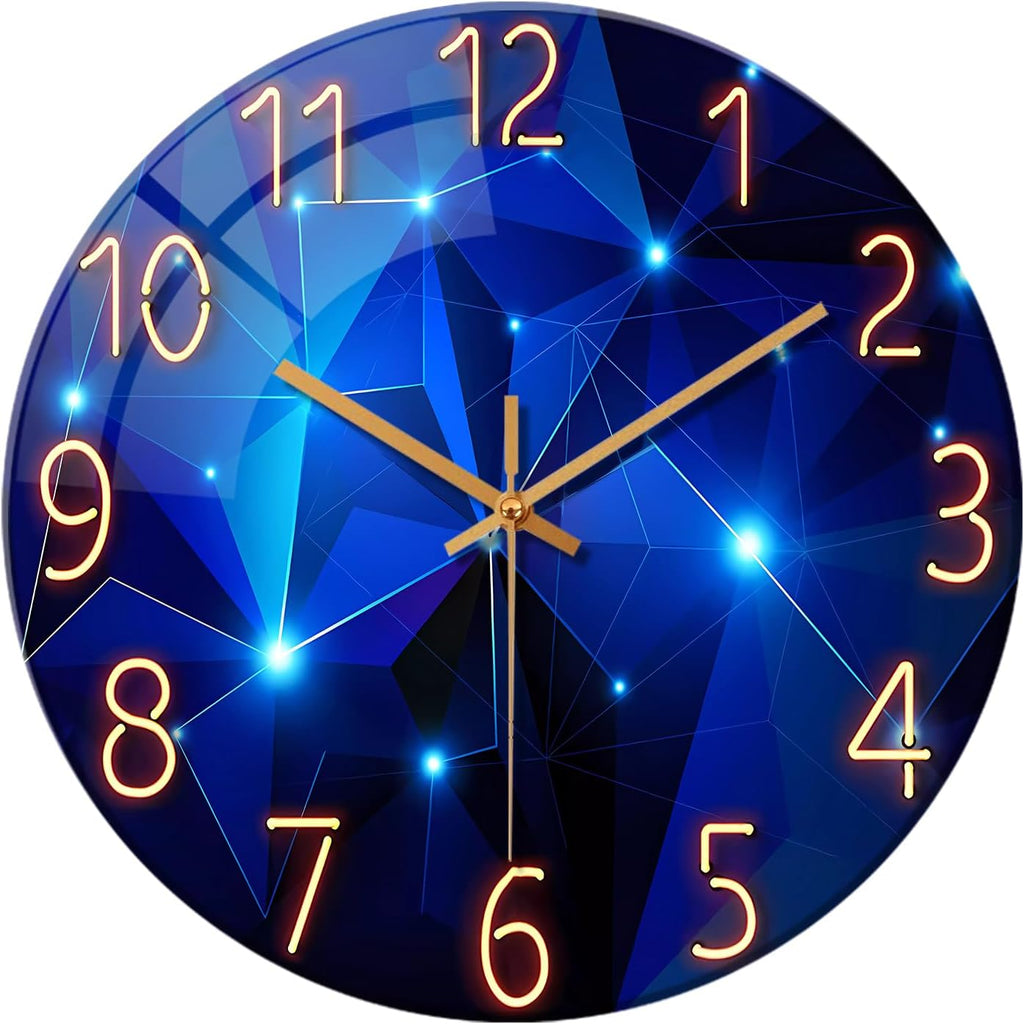 Blue Wall-Clocks for Living Room Decor, 12 Inch Round Glass Wall Clock Silent Non-Ticking