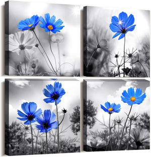 Simple Life Black and White Landscape Cyan Blue Flowers Wall Decor, 12" x 12" 4 Pieces Framed Canvas Prints