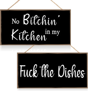 2 Pieces Funny Kitchen Signs the Dishes Hanging Wall Art Sign No Bitchin in My Kitchen, 10 x 5 Inch (Stylish)