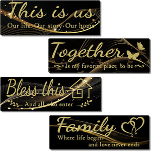 4 PCS Home Wall Decor Signs,Rustic Wooden Living Room (Black -1, 15 x 5.1 inch)