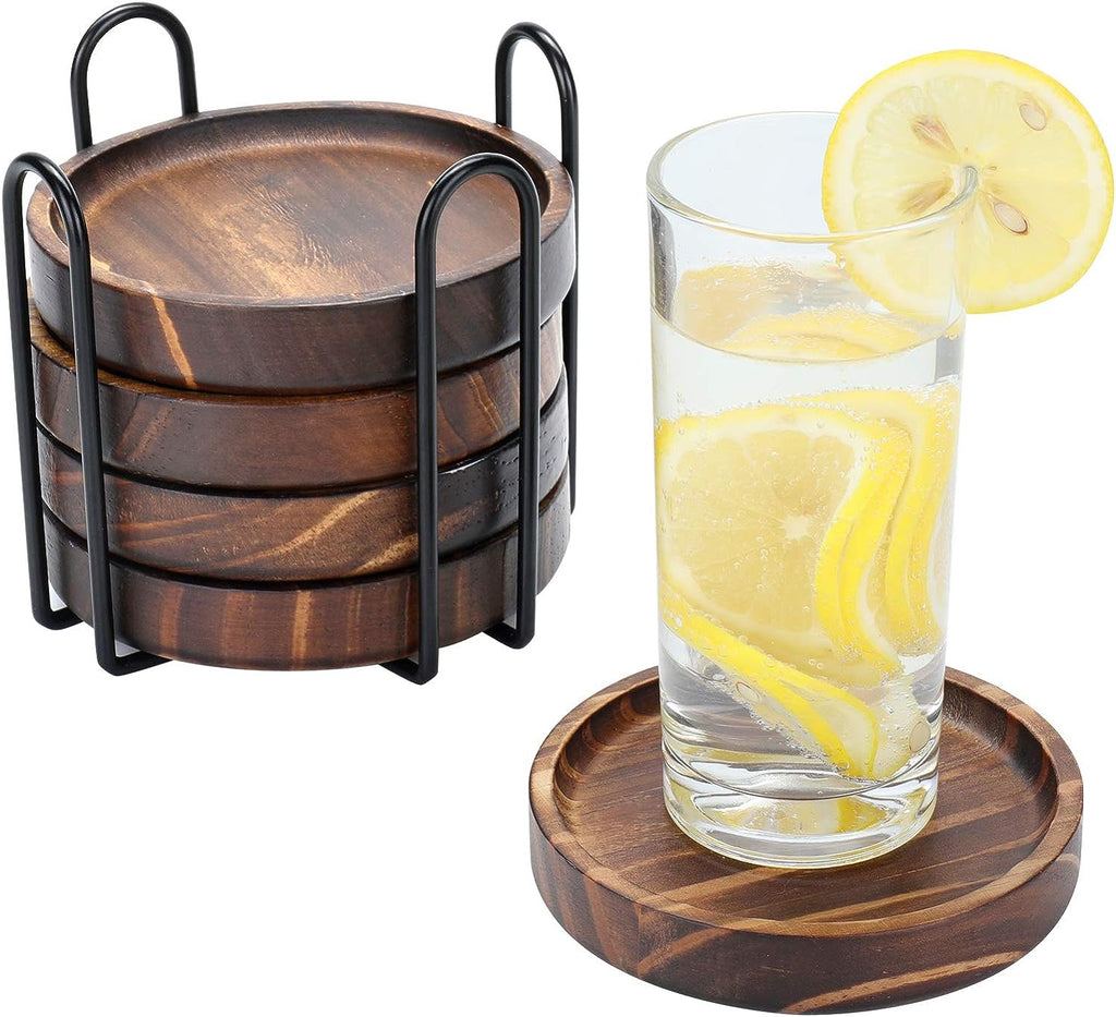 Natural Wood Drink Coasters Set with Holder for Modern Home Decor, 4.3Inches