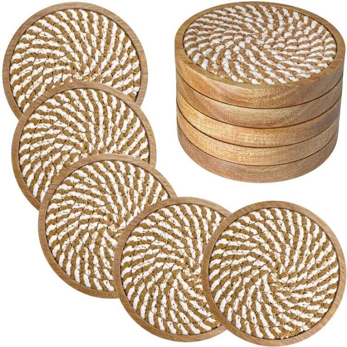 5 Pack Coasters for Drinks Absorbent, 4.3 inches Woven Wooden Drink Coasters