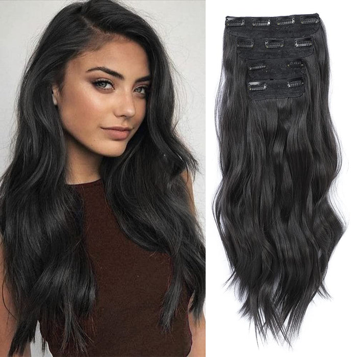 4PCS Clip in Hair Extensions 20Inch Black Long Wavy Hair, ynthetic Thick Hair Piece for Women(Black)