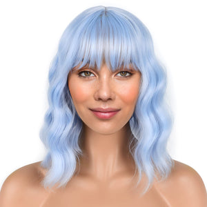 Light blue Short Bob Wigs with Bangs for Women, Synthetic Colorful Wigs for Cosplay Daily PartyUse (Light blue，12inch)