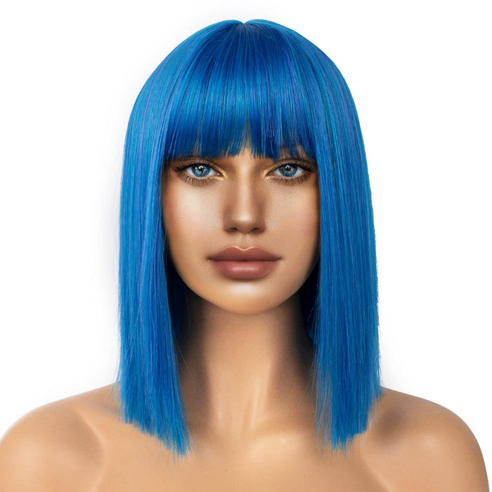 Synthetic Straight Hair Bob Cut Wig Shoulder Length Cosplay Wig for Girl Colorful Costume Wigs (Blue)