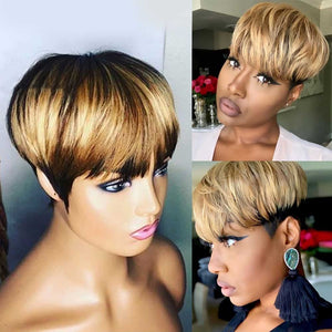 Pixie Cut Wig for Black Women Full Machine Made Non-Lace Layered Style Bob Cut Human Hair Wigs