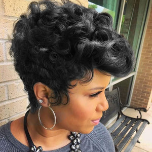 Natural Black Short Pixie Cut Wigs for Black Women Curly Hair Replacement With Bangs (Natural Black #1B)