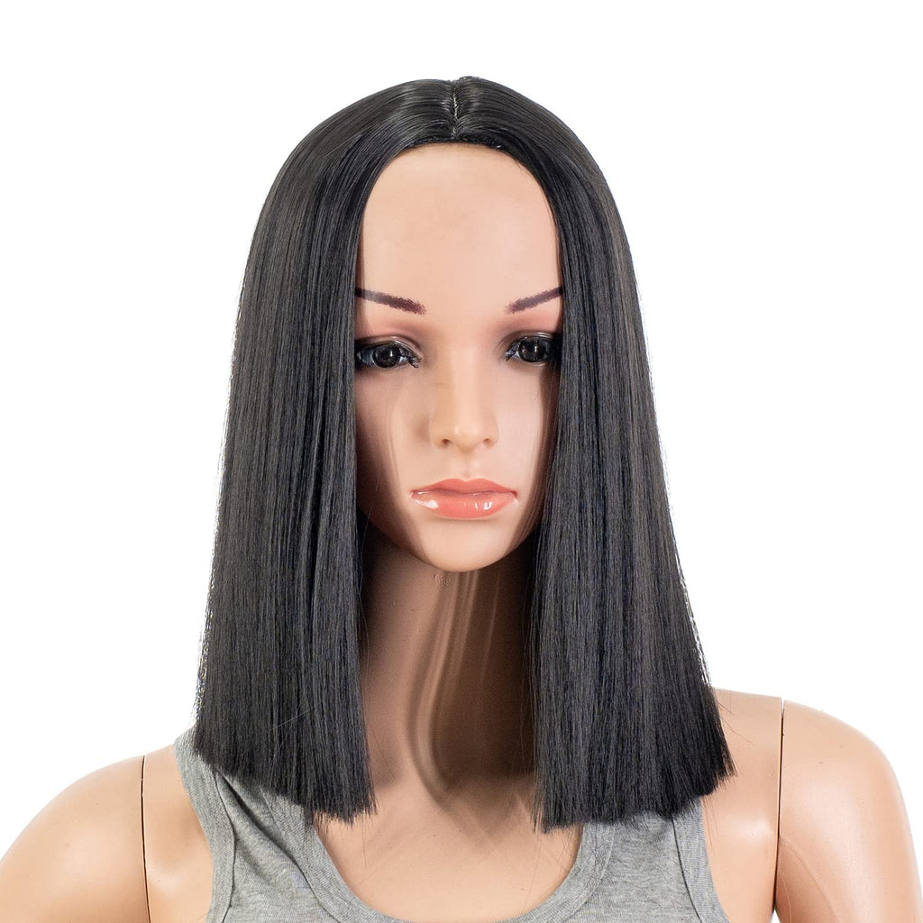 12 Inch Short Length Straight Middle Part Hair Wig Synthetic Heat Resistant Wigs for Women with Wig Cap (Black-1B)