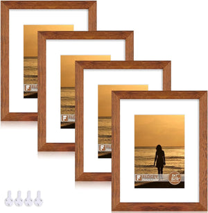 8x10 Picture Frame Brown Set of 4 - Solid Wood Frames With Real Glass and 5x7 Mat